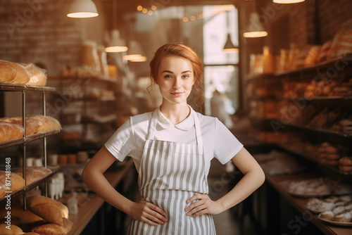 Confident Baker Standing in Front of Freshly Baked Bread in Her Bakery © EvgeniiasArt