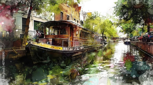 Colorful Canal Boat House: Eclectic Watercolor City Canals Painting photo