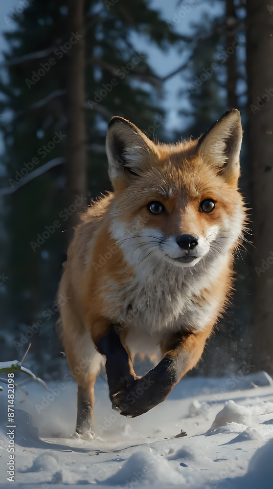 Fototapeta premium a fox running through the snow in the woods