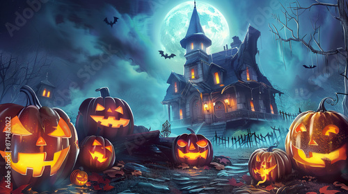 Halloween night scene featuring glowing jack-o-lanterns in front of a haunted house under a full moon.