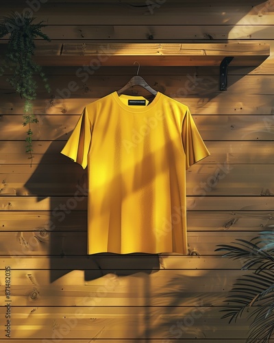 A plain yellow t-shirt displayed on a hanger against a textured wooden wall, bathed in warm light creating a shadow pattern photo