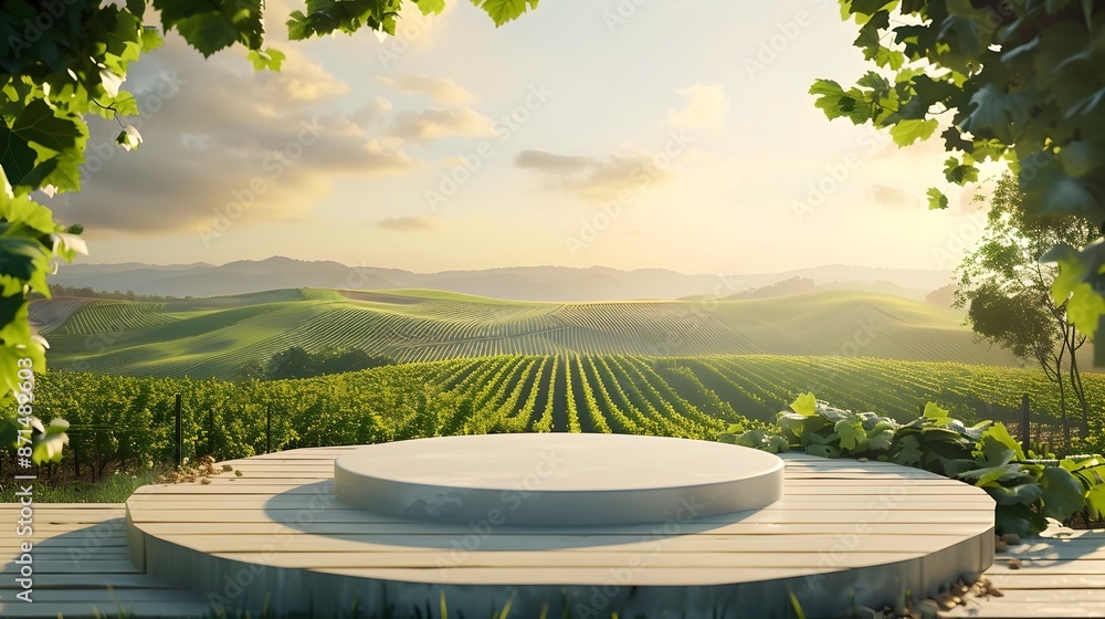 Picturesque Vineyard Backdrop with Sunlit Podium for Summer Product Display Picturesque Vineyard Backdrop with Sunlit Podium for Summer Product Display