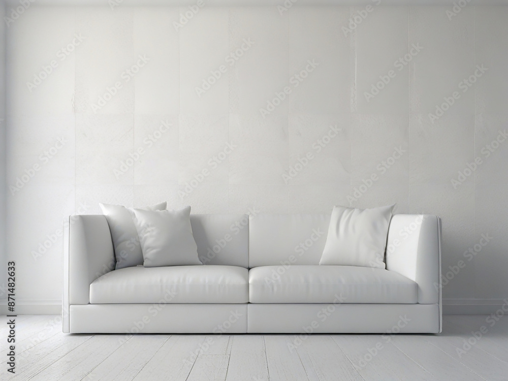 Fototapeta premium 3D rendering image of modern white living room interior. A blank wall with pure white. Decorate the wall with extruded horizon line patterns and hidden warm lighting