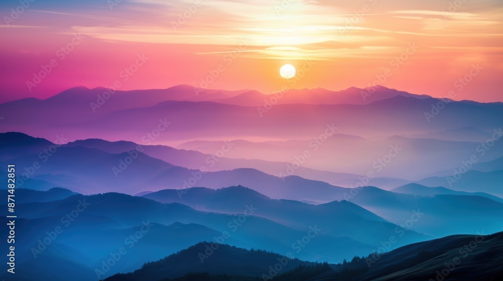 Breathtaking view of a colorful sunrise over a misty mountain range, featuring layers of hills in vibrant shades. Breathtaking view of a colorful sunrise over a misty mountain range, featuring layers of hills in vibrant shades.