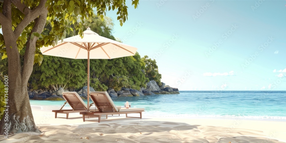 Fototapeta premium Idyllic Sunset over Ocean with Golden Glow on Beach, paradise Dramatic Clouds, Palm and Coconut Trees, Serene Waves, 16K Ultra-Realistic AI-Generated Nature Scene for Vacation and Retirement Life
