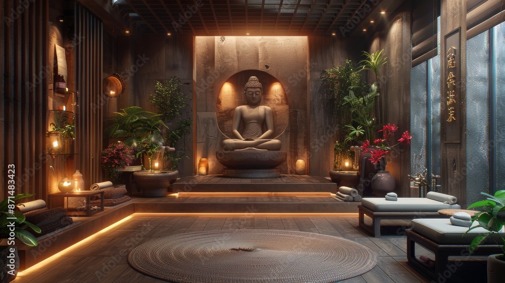 An intricately detailed Zen meditation space featuring a serene Buddha statue, tranquil lighting, and lush greenery An intricately detailed Zen meditation space featuring a serene Buddha statue, tranquil lighting, and lush greenery