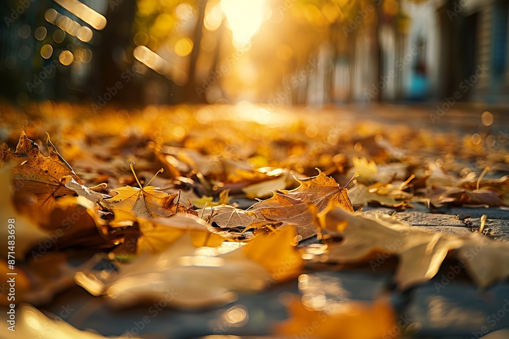 A close-up shot of autumn leaves scattered on a peaceful alleyway, bathed in the warm glow of sunlight A close-up shot of autumn leaves scattered on a peaceful alleyway, bathed in the warm glow of sunlight