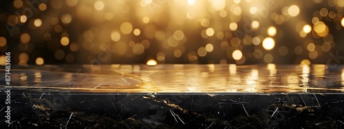 Empty dark marble  table with gold sparklink background. Copy space. 