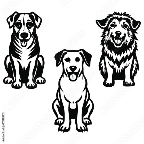 a black and white dog with a collar silhouette vector illustration, Dog head icon. Flat style. Cartoon dog face logo design templet banner poster