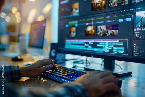 A video editors hands work diligently on a computer, meticulously editing footage on a large monitor. The workspace is modern and well-lit, highlighting the focused effort of the editor
