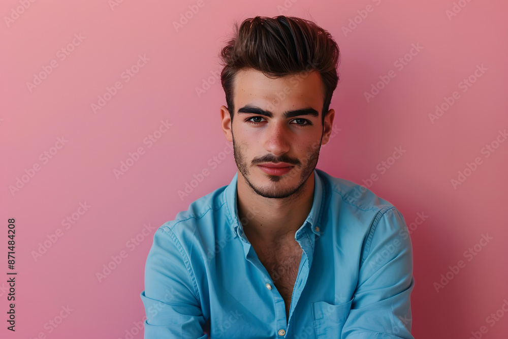 Obraz premium Stylish man in a blue shirt posing against a pink background