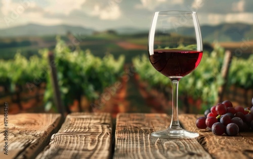 Wine Glass and Grapes on Rustic Wood Overlooking Vineyard