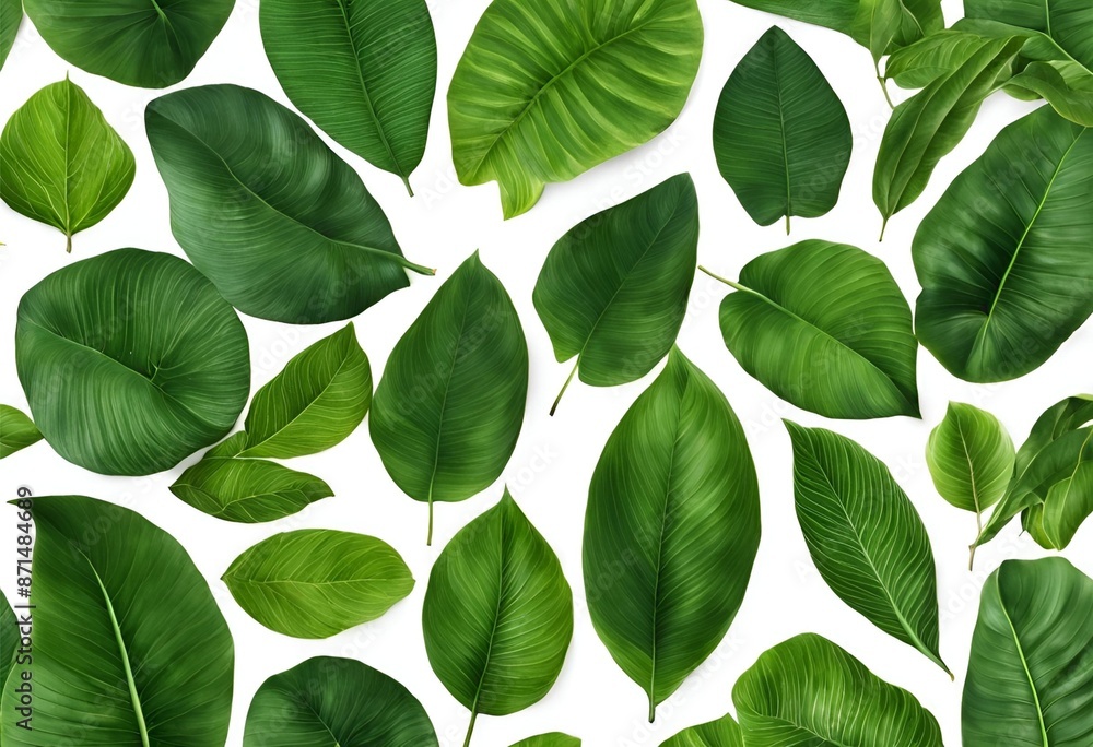 Naklejka premium Beautiful natural tropical green leaves isolated on a transparent background, perfect for botanical illustrations, nature designs, eco-friendly concepts, and vibrant foliage presentations.