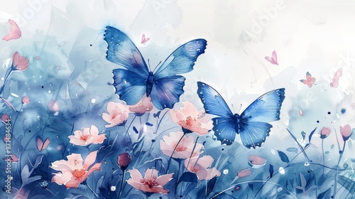 Two blue butterflies flutter amongst pink flowers in a watercolor painting.  The soft blue and pink hues create a peaceful and delicate scene.