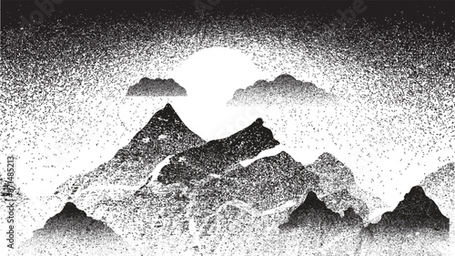 Mountain silhouettes with sun. Peaks in sunset. Transparent background .Overlay texture . Fog over mountain landscape . Summit and sunset logo .Vector