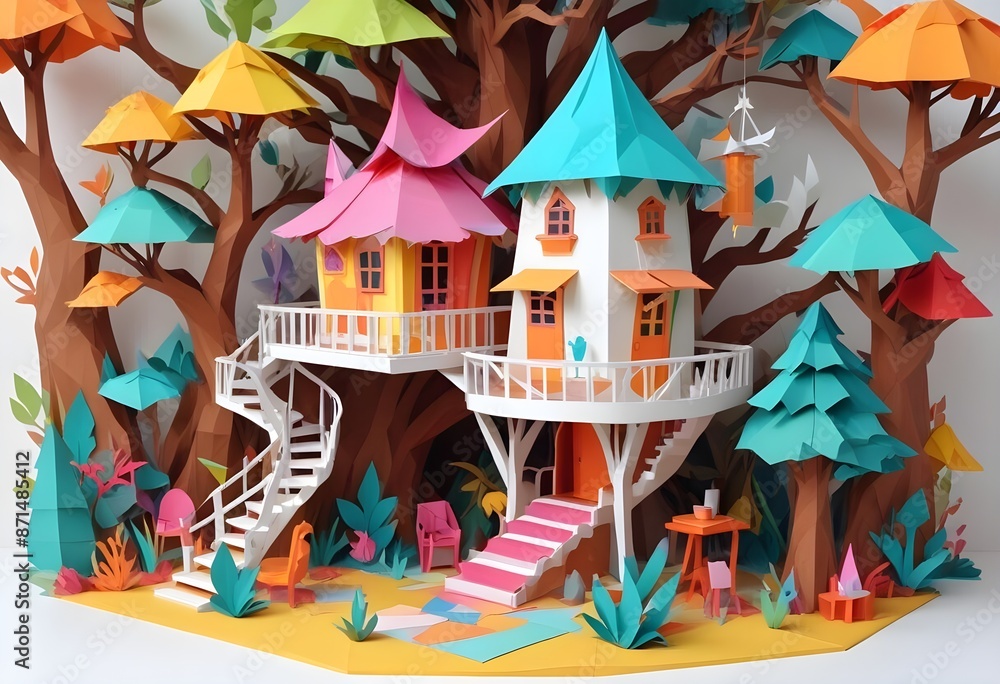 Fototapeta premium A colorful, whimsical, magic tree house-like structure with various objects, furniture, and architectural elements, White background