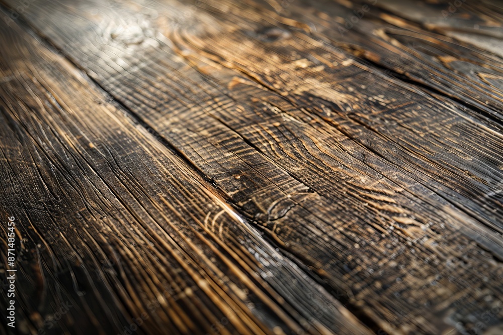 Obraz premium A close-up shot of a weathered wooden table surface with natural grain and texture