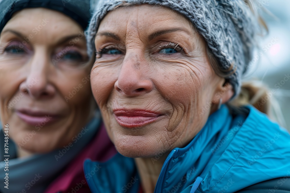 A close-up photograph of three middle-aged women wearing sportswear. They are all smiling genuinely, showcasing a sense of joy and camaraderie A close-up photograph of three middle-aged women wearing sportswear. They are all smiling genuinely, showcasing a sense of joy and camaraderie