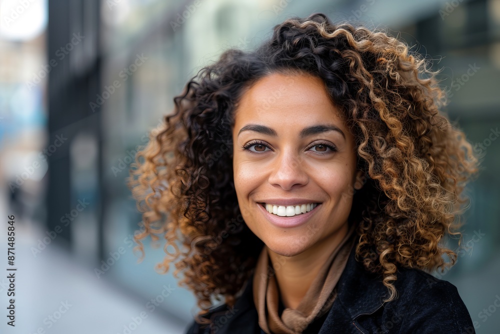 A close-up photo of a smiling woman with curly hair, showcasing her confidence and success against a blurred urban backdrop A close-up photo of a smiling woman with curly hair, showcasing her confidence and success against a blurred urban backdrop