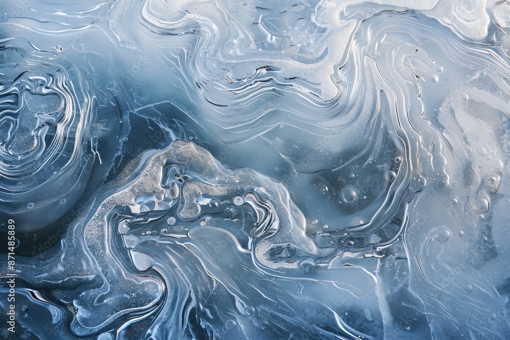A closeup photograph showcasing the intricate patterns and swirls created by melting ice on the surface of a winter lake A closeup photograph showcasing the intricate patterns and swirls created by melting ice on the surface of a winter lake
