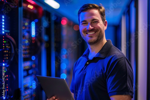 Smiling IT technician holding a tablet in a server room with blue and red lights photo