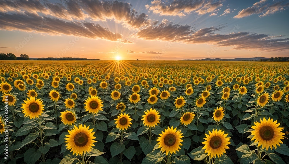 Fototapeta premium A vast field of blooming sunflowers under a dramatic sunset sky with vibrant orange and yellow hues, the sunflowers filling the frame and the sun's rays peeking through the clouds