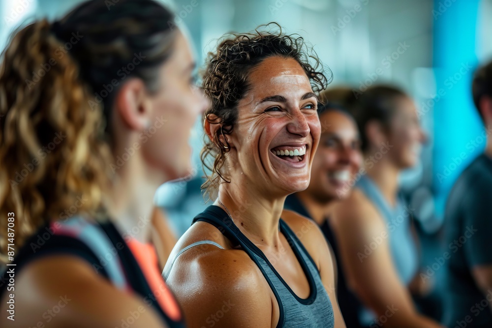A group of friends in a gym class, laughing together during an exercise routine A group of friends in a gym class, laughing together during an exercise routine