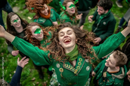 A vibrant photo capturing the excitement of St. Patricks Day as a group of young adults in green attire celebrate with joy and laughter