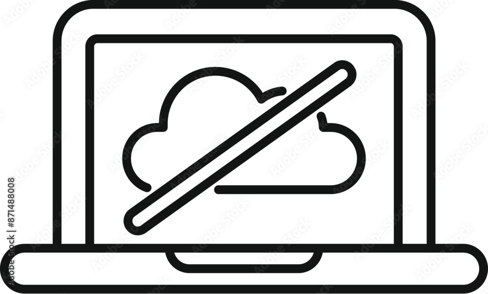 Minimalist outline icon of a laptop showing a crossed out cloud computing symbol, representing lack of internet connection Minimalist outline icon of a laptop showing a crossed out cloud computing symbol, representing lack of internet connection