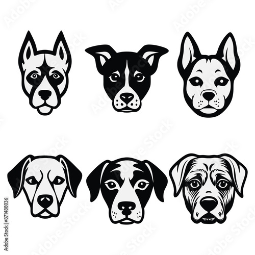 a black and white dog with a collar silhouette vector illustration, Dog head icon. Flat style. Cartoon dog face logo design templet banner poster