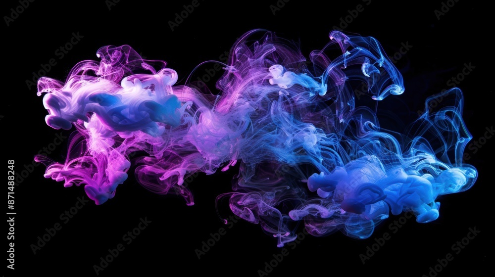Abstract image of purple and blue ink swirls against a black background, creating a mesmerizing and dynamic visual effect. Abstract image of purple and blue ink swirls against a black background, creating a mesmerizing and dynamic visual effect.