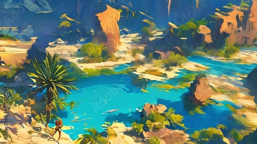 Oasis Landscapes Animation. Palm Trees, Clear Blue Waters, and Lush Greenery Surrounded by Desert Sands. Animated Tranquil Dynamic Video. photo