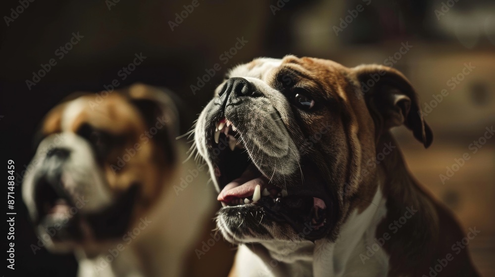 Close-up image of an aggressive bulldog with its mouth open, showing teeth and growling in a dark setting. Close-up image of an aggressive bulldog with its mouth open, showing teeth and growling in a dark setting.