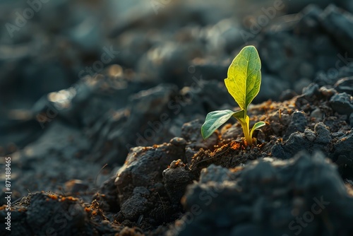 A close-up macro photograph of a young sprout pushing through the earth, highlighting the delicate details of the plant as it emerges. The image captures the beauty of new life and growth