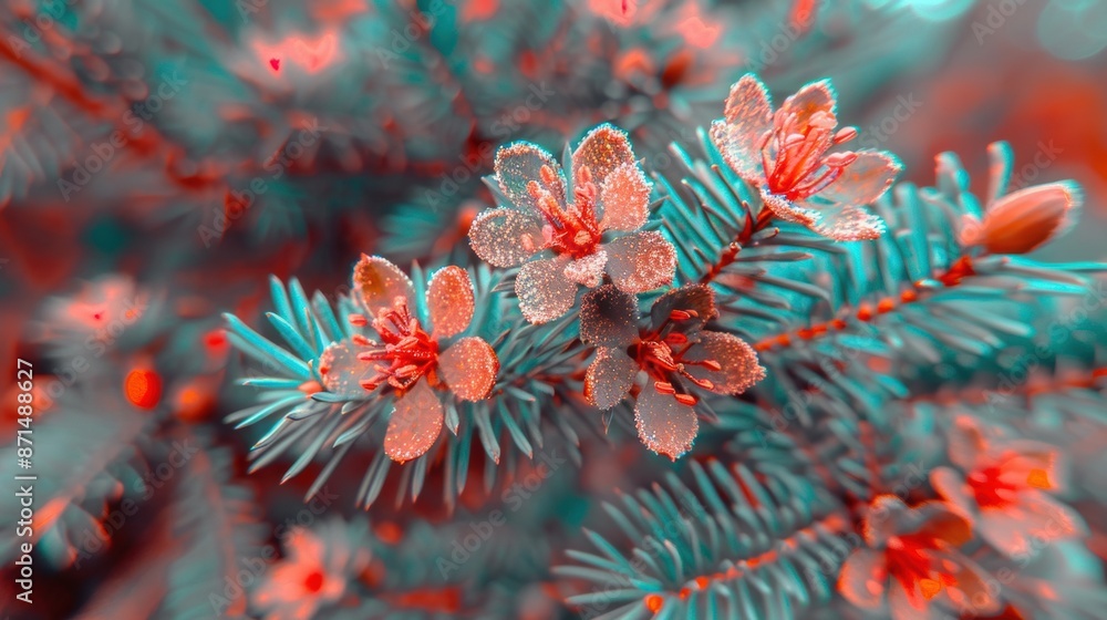Close-up of frosty blossoms on pine tree branches, showcasing a mix of red and green colors with a wintery feel. Close-up of frosty blossoms on pine tree branches, showcasing a mix of red and green colors with a wintery feel.