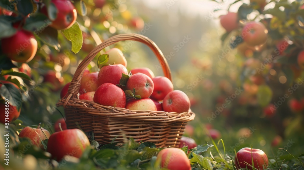 Wicker basket filled with red apples in a sunlit orchard, capturing the essence of a bountiful harvest season. Wicker basket filled with red apples in a sunlit orchard, capturing the essence of a bountiful harvest season.