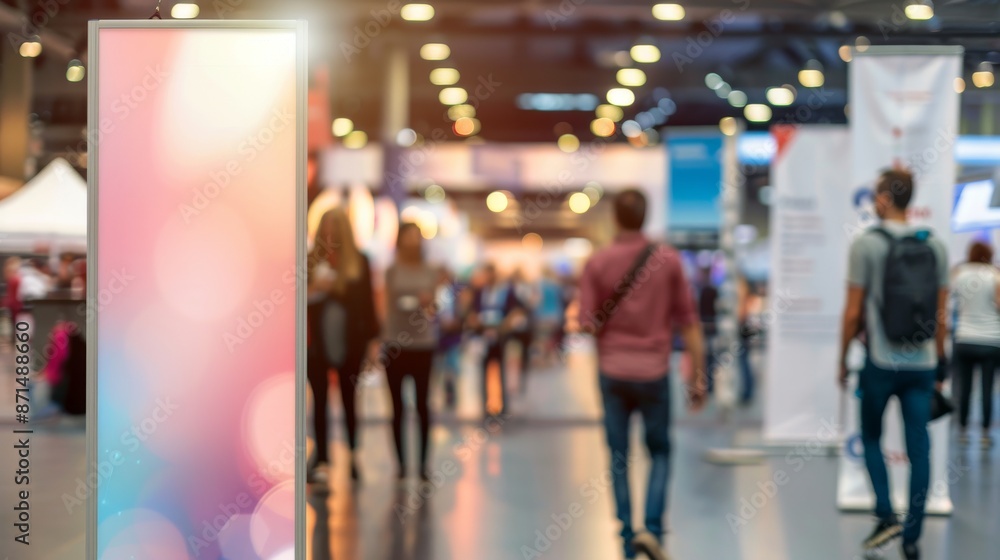 Blurry image foregrounding a banner with unfocused individuals mingling in a trade show hall Suggests business, networking, and events Blurry image foregrounding a banner with unfocused individuals mingling in a trade show hall Suggests business, networking, and events