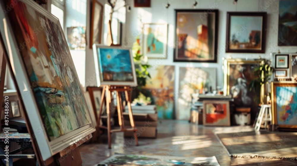 A bright, sunlit art studio filled with various paintings and art supplies, capturing a creative and vibrant atmosphere. A bright, sunlit art studio filled with various paintings and art supplies, capturing a creative and vibrant atmosphere.