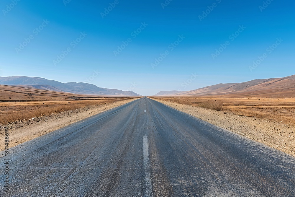 A photo of an empty desert road under a blue sky, disappearing into the horizon, conveying solitude and limitless opportunities A photo of an empty desert road under a blue sky, disappearing into the horizon, conveying solitude and limitless opportunities