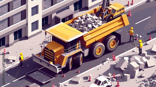 Wallpaper Mural Construction dump truck man and factory isometric style icon design of remodeling working and repairing theme.  Torontodigital.ca