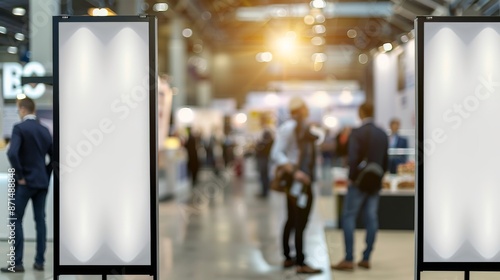 Two blank vertical billboards stand in focus at a busy exhibition hall with attendees and booths