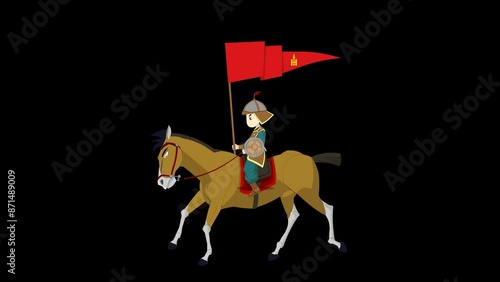  Animated Chinese Warrior on Horseback Holding a Flag