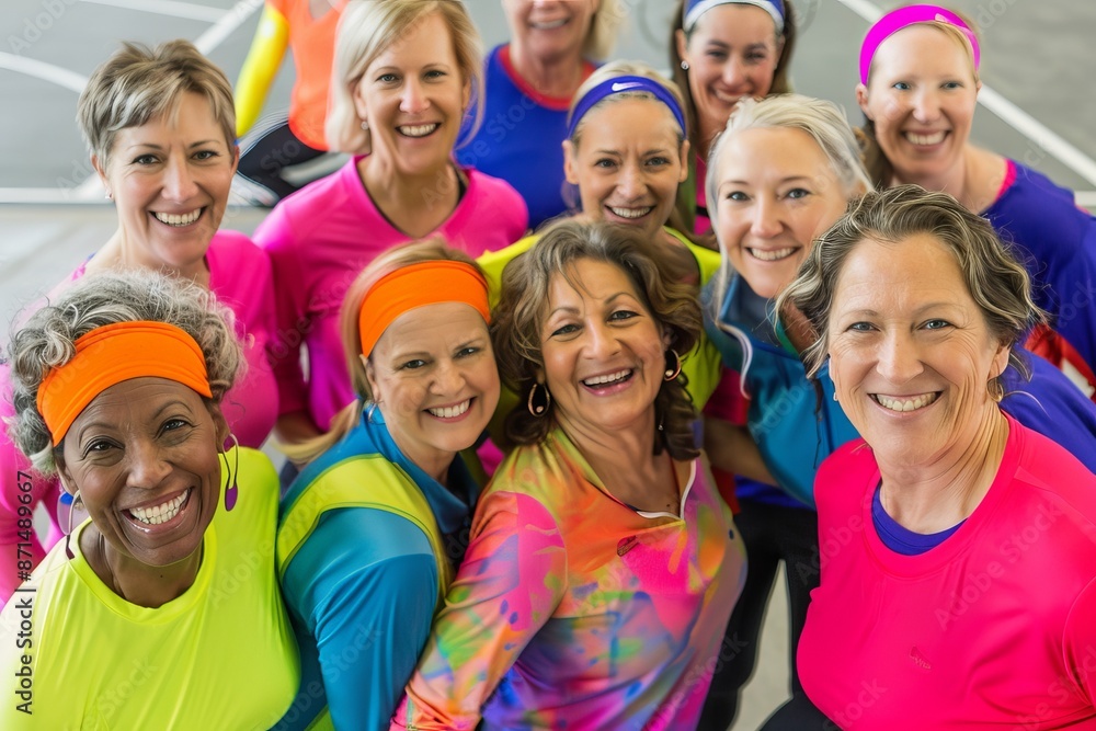 A vibrant photo of middle-aged women in colorful sportswear, smiling and gathered together for a fitness class A vibrant photo of middle-aged women in colorful sportswear, smiling and gathered together for a fitness class