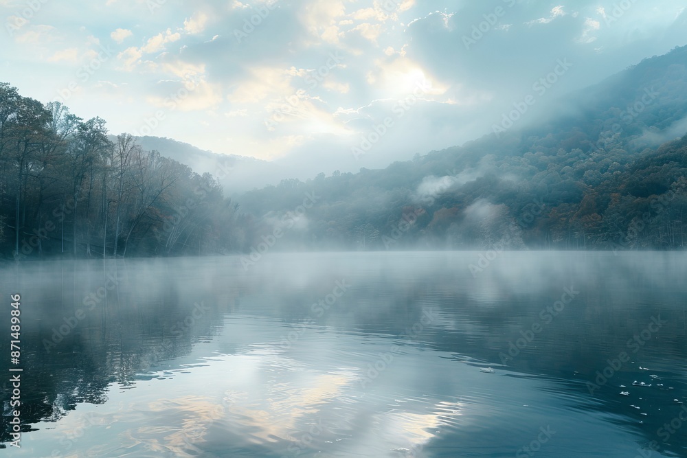 Fototapeta premium A breathtaking wide-angle photograph showcasing a tranquil mountain lake veiled in morning mist. The serene scene captures the beauty of nature at its most peaceful