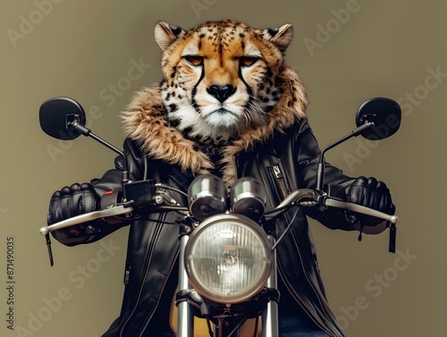 Cheetah Rider Raging Motorcycle in Olive Backdrop photo