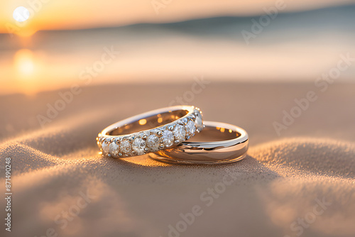 A promise whispered on the shore. Two glistening diamond wedding rings rest delicately upon a bed of coarse, cooling sand granules. 