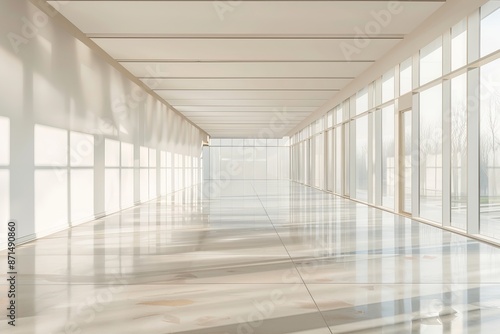A wide shot of a modern  empty interior space. Large windows allow natural light to stream into the room  illuminating the clean lines and minimalist design