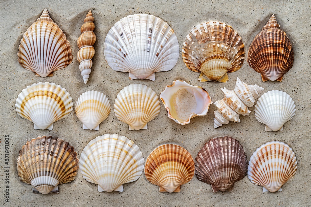 An overhead photograph showcases a variety of seashells arranged on a sandy beach, capturing the intricate patterns and textures of each shell An overhead photograph showcases a variety of seashells arranged on a sandy beach, capturing the intricate patterns and textures of each shell
