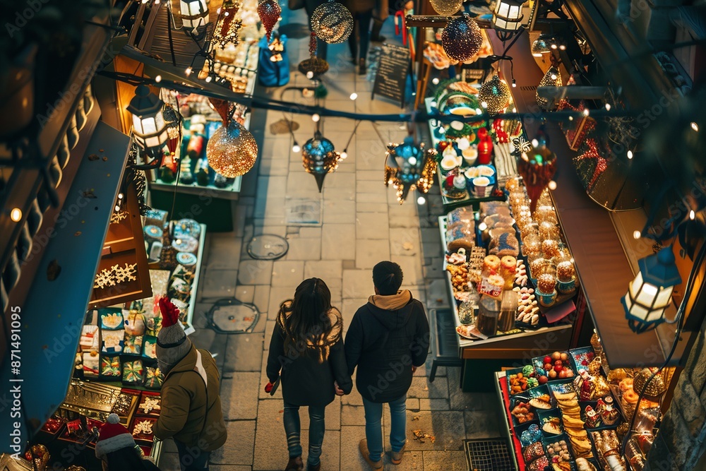 Obraz premium A couple strolls hand-in-hand through a bustling Christmas market filled with twinkling lights and colorful stalls offering a variety of goods