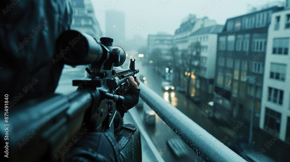 Obraz premium A sniper rifles with an optical sight in man`s hands,